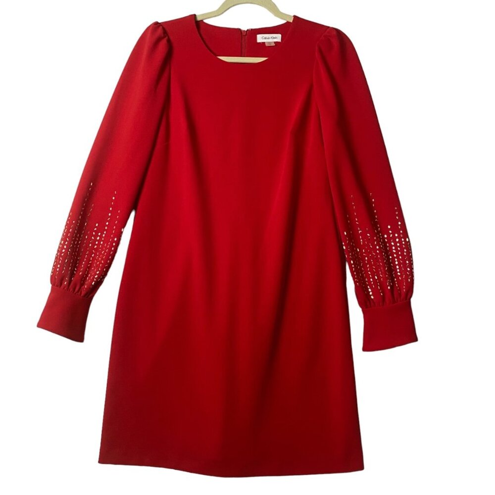 Calvin Klein Red Long Sleeve Dress With Sequin Detail Women Size 8 Elegant NWT